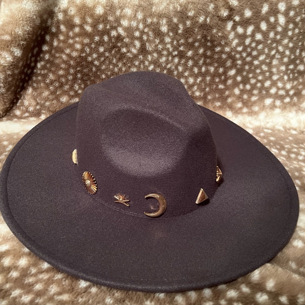 Anthropologie Black Hat with Gold Embellishments